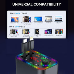 Retractable Car Charger, Wireless Bluetooth 5.3 FM Transmitter 100W USB C 4 in 1 Fast Car Charger Adapter,iPhone 16 Fast Charging-for iPhone 16 15 14 13 12 Android