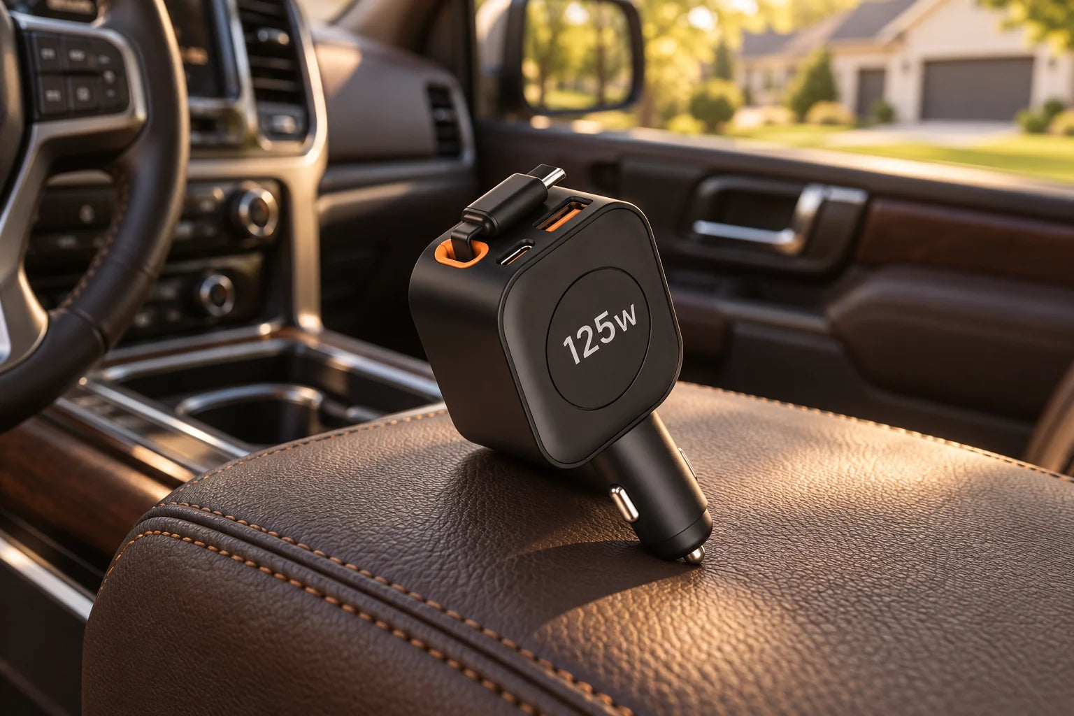 Retractable car charger in a warm American SUV interior
