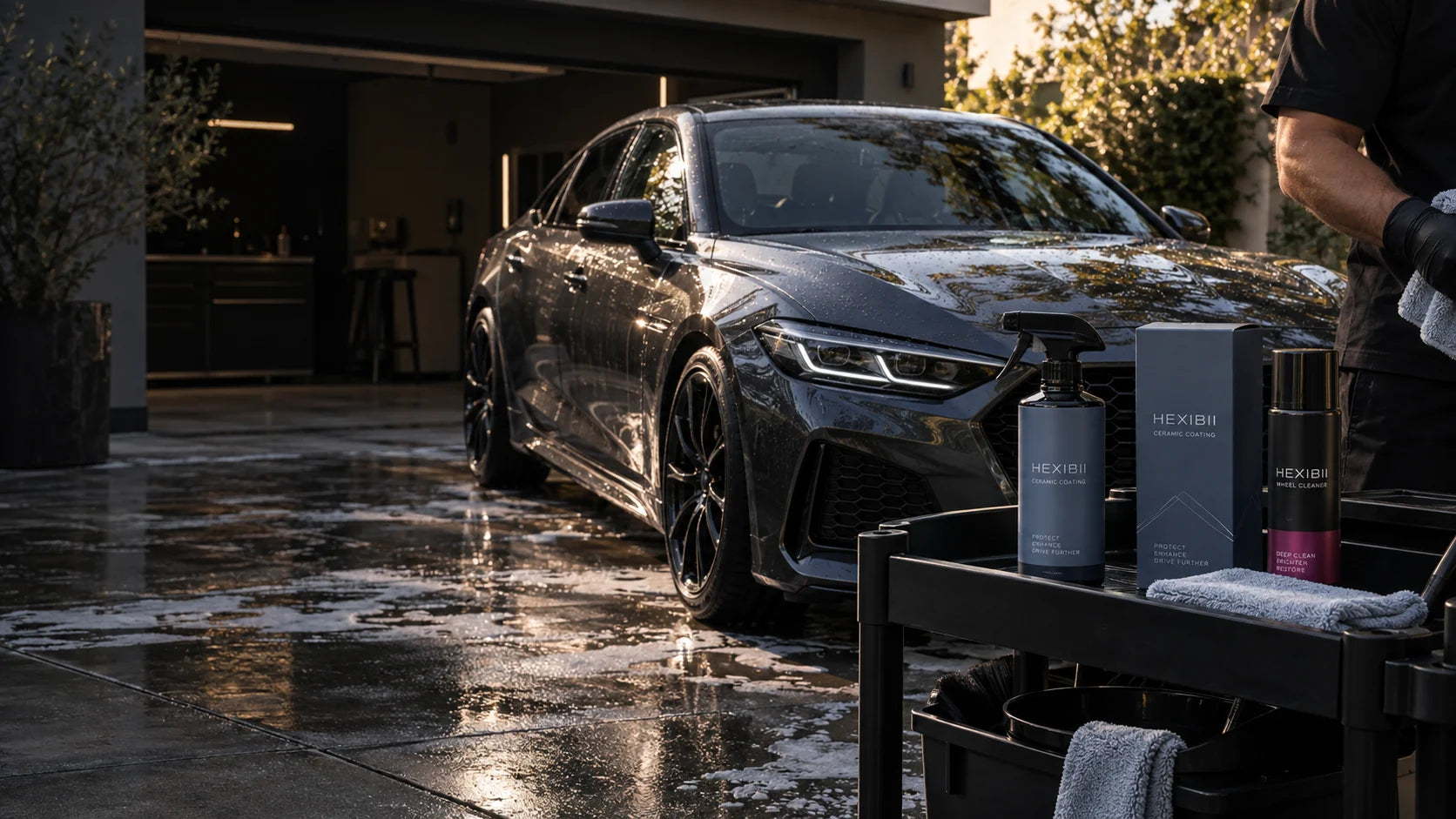 HEXIBII car-care series beside a graphite car in a garage driveway
