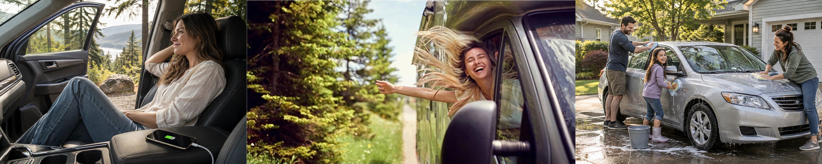 Everyday moments: relaxing in a parked car with a phone charging, a smiling passenger on a forest road, and a family washing their car.