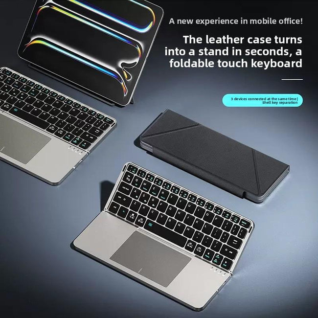 Portable Wireless BT Foldable Keyboard New Detachable Leather Stand for Tablet Phone Touch Typing Mini Keyboard with Ergonomic Design Hover Image