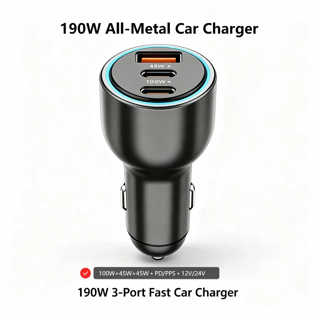 HEXIBII mini laptop car charger, All-Metal 190W 3-Port Fast , 100W PD USB-C Car Cigarette Lighter Charger for Laptop, iPhone 15/16/17, Android, Drone & Electric Baby Seat tiktokshopbacktoschool,back to school,back to school haul