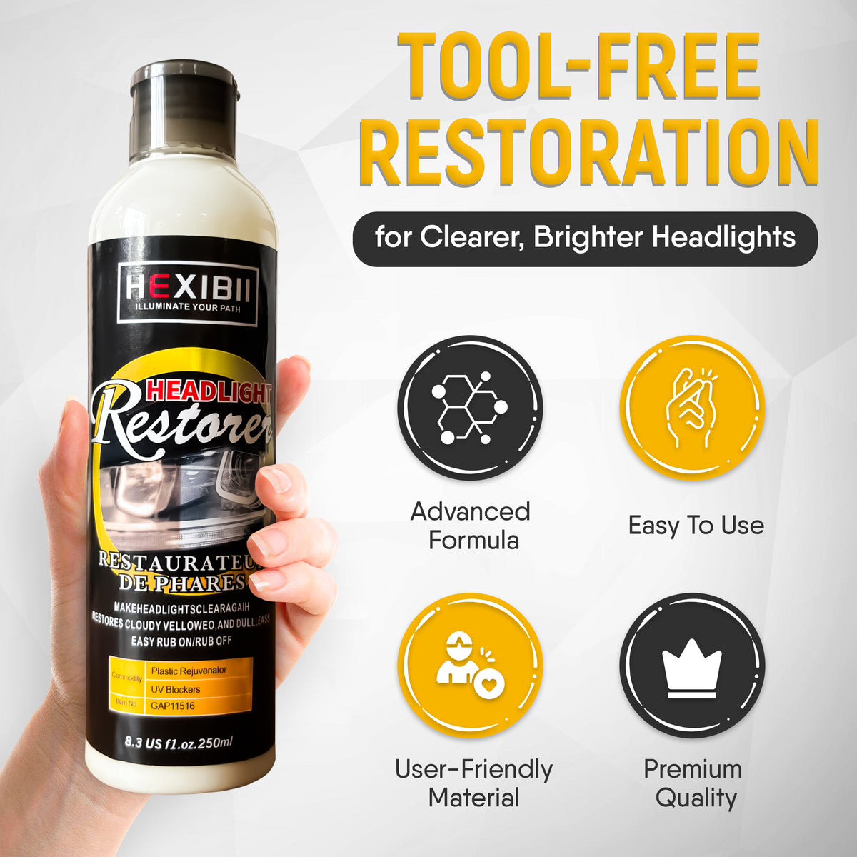 HEXIBII 8.5oz Car Headlight Restoration Kit - Automotive Headlight Oxidation Yellowing Scratches Blurring Remover, Headlight Refurbishment Repair Agent