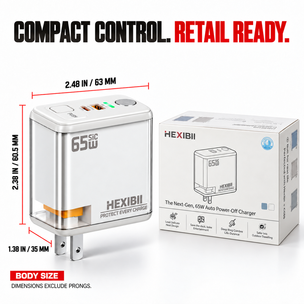 HEXIBII E11 65W SiC Fast Charger, Wall Charger with Auto Power-Off Safety, Dual Port USB-C & USB-A Power Adapter for iPhone 15/16/17/18 Pro Plus Pro Max, MacBook Pro, Galaxy, Pixel, iPad,and more