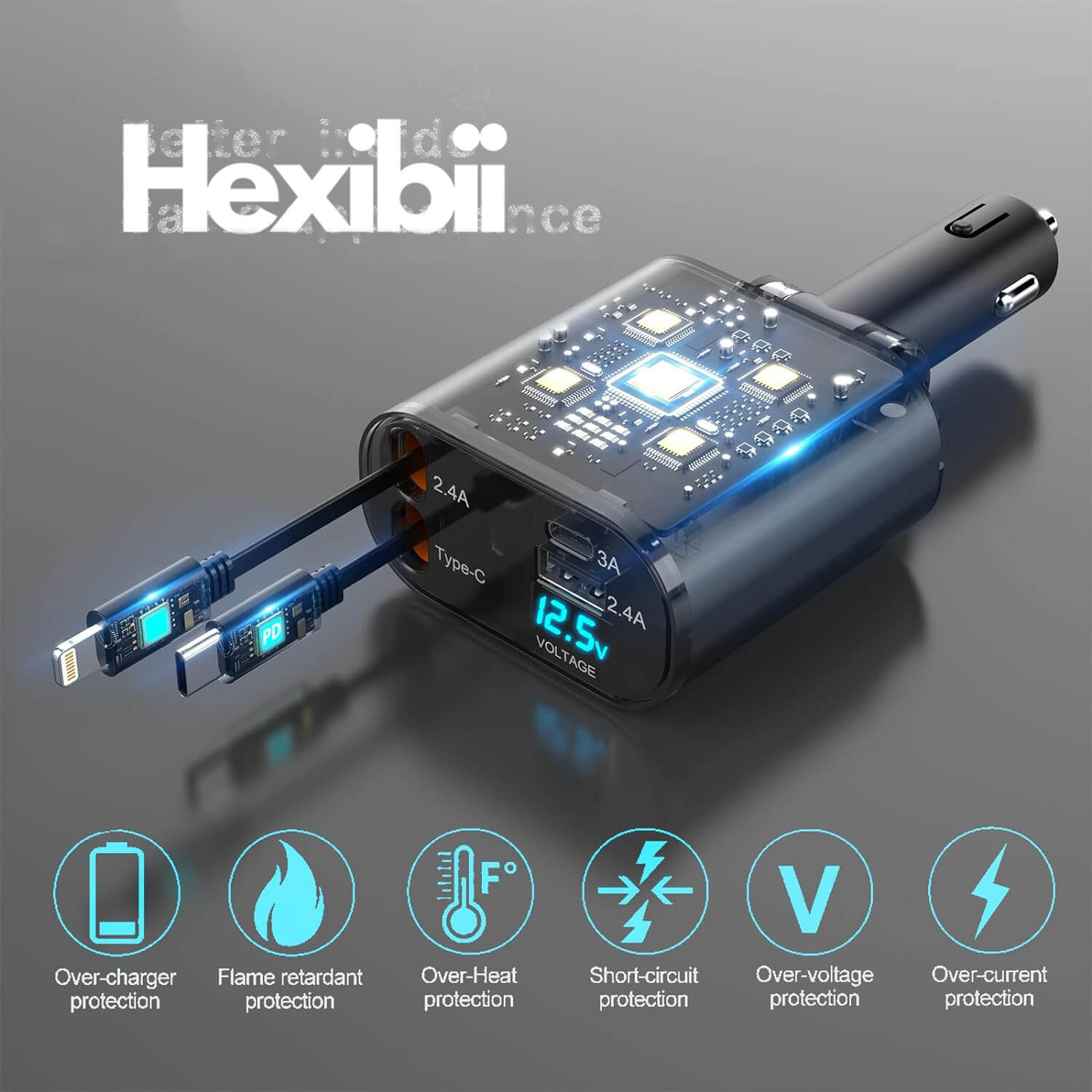 Hexibii 4 in 1 Fast Car Phone Charger, Retractable Car Charger