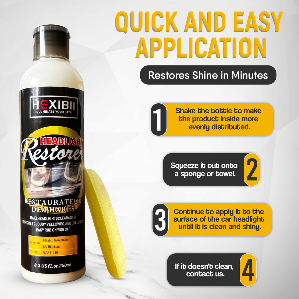 HEXIBII 8.5oz Car Headlight Restoration Kit - Automotive Headlight Oxidation Yellowing Scratches Blurring Remover, Headlight Refurbishment Repair Agent