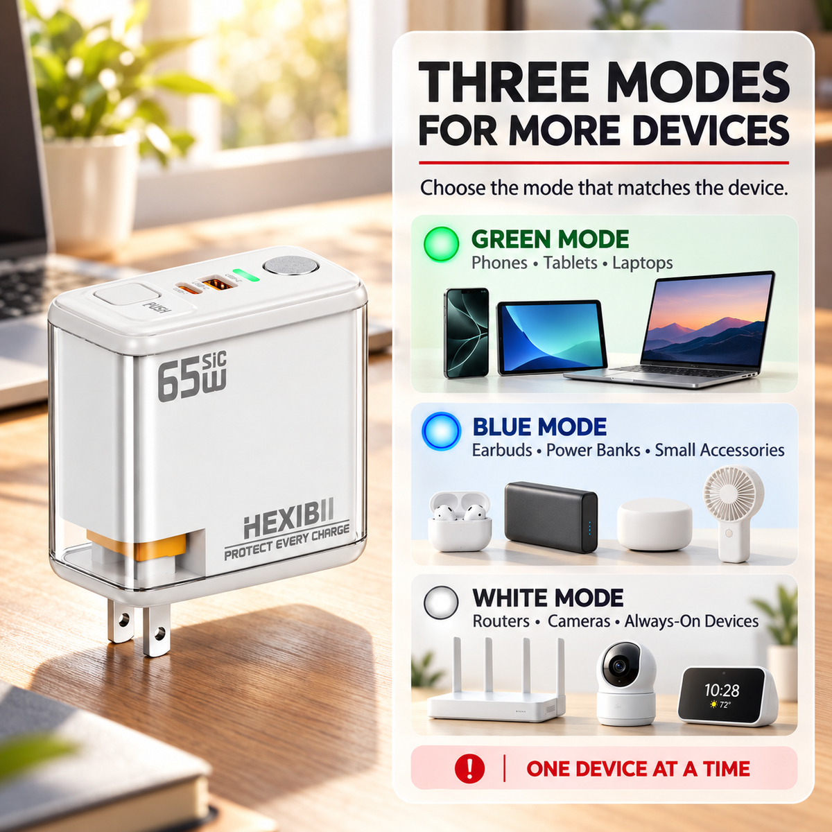 HEXIBII E11 65W SiC Fast Charger, Wall Charger with Auto Power-Off Safety, Dual Port USB-C & USB-A Power Adapter for iPhone 15/16/17/18 Pro Plus Pro Max, MacBook Pro, Galaxy, Pixel, iPad,and more