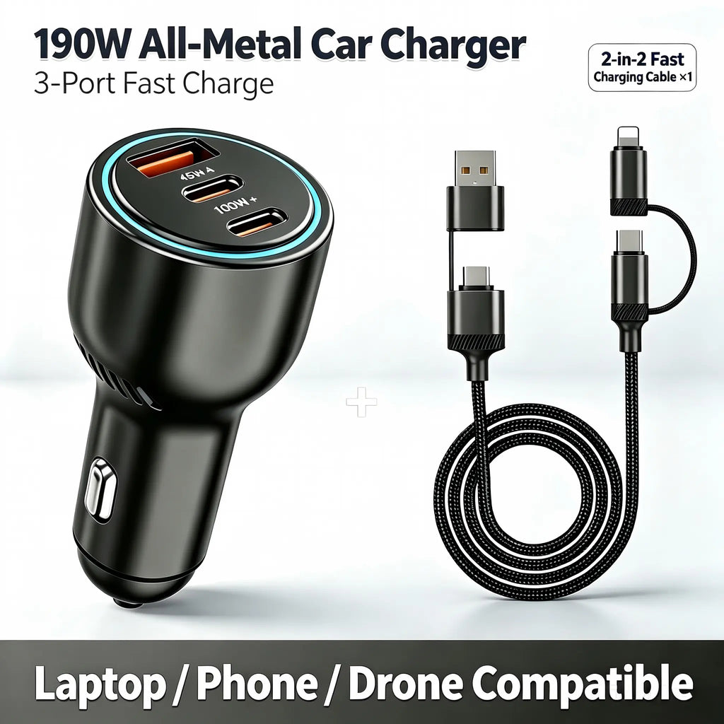 HEXIBII mini laptop car charger, All-Metal 190W 3-Port Fast , 100W PD USB-C Car Cigarette Lighter Charger for Laptop, iPhone 15/16/17, Android, Drone & Electric Baby Seat tiktokshopbacktoschool,back to school,back to school haul