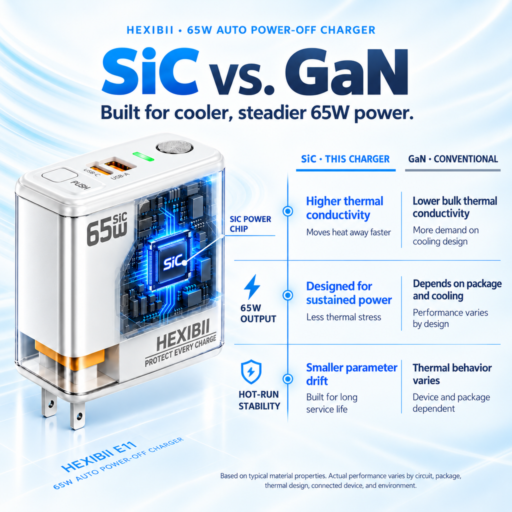 HEXIBII E11 65W SiC Fast Charger, Wall Charger with Auto Power-Off Safety, Dual Port USB-C & USB-A Power Adapter for iPhone 15/16/17/18 Pro Plus Pro Max, MacBook Pro, Galaxy, Pixel, iPad,and more