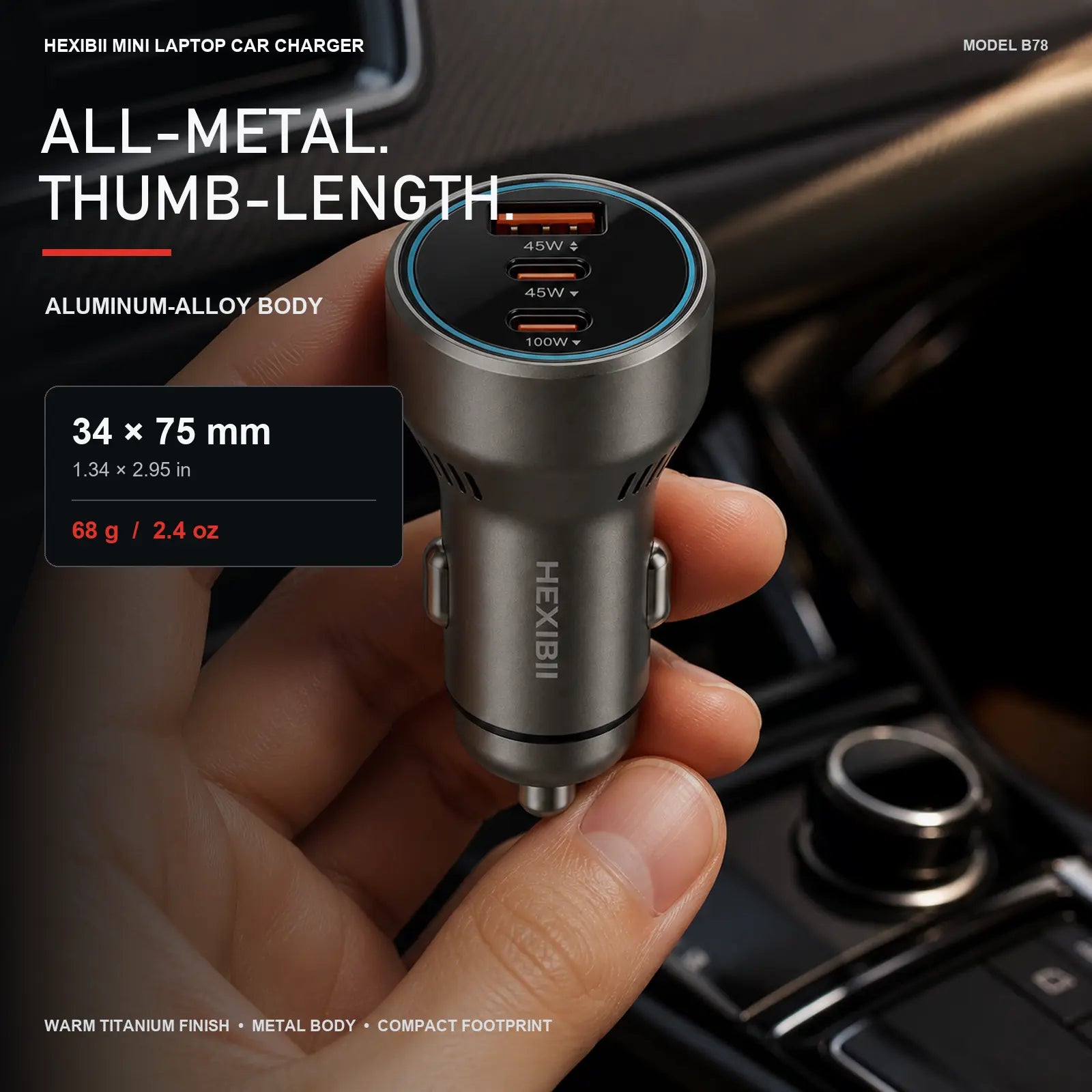 HEXIBII mini laptop car charger, All-Metal 190W 3-Port Fast , 100W PD USB-C Car Cigarette Lighter Charger for Laptop, iPhone 15/16/17, Android, Drone & Electric Baby Seat tiktokshopbacktoschool,back to school,back to school haul