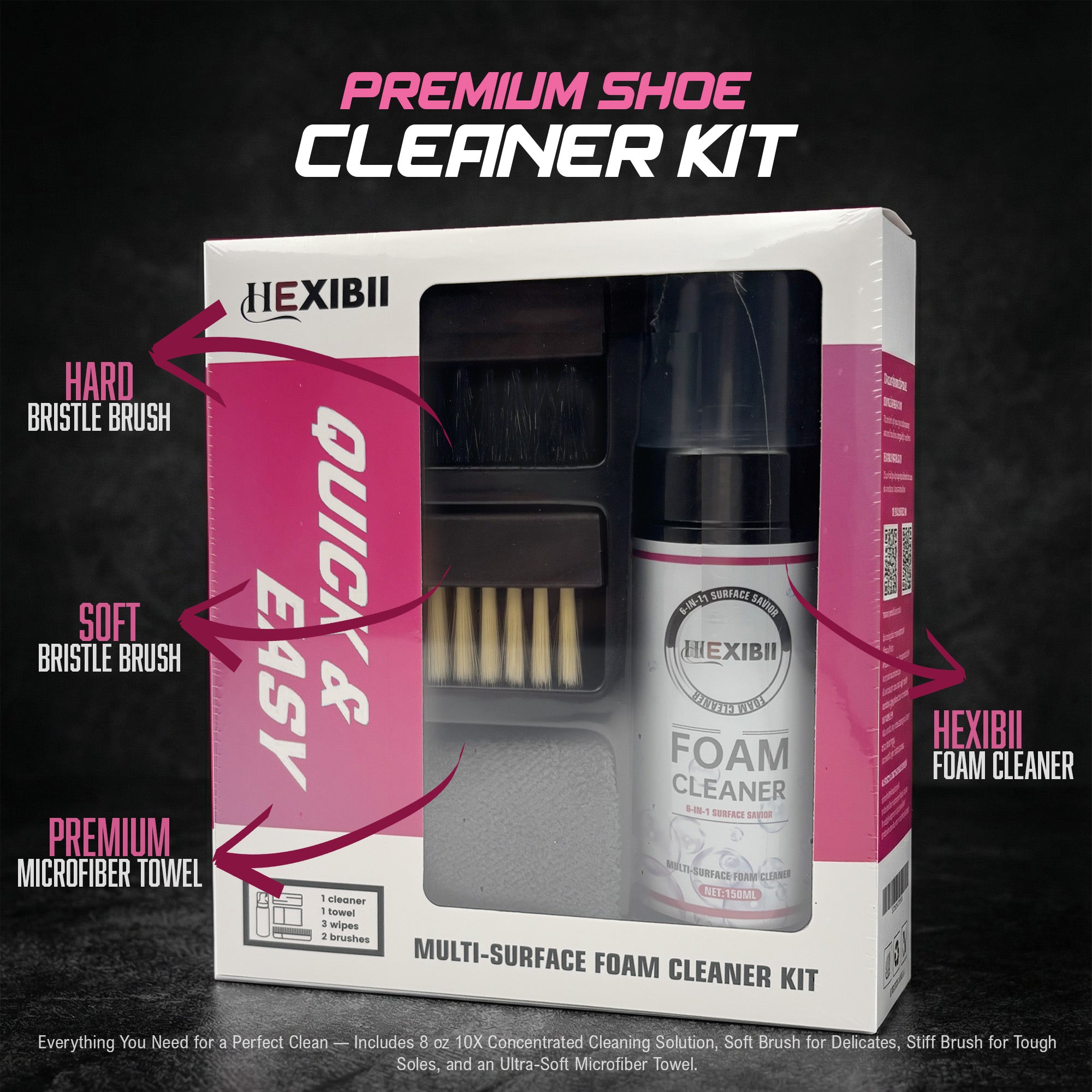 Multipurpose foaming cleaner,Shoe Cleaner Kit for Sneaker, foam cleaner for car,Cleaning Kit, Sneaker 5.3Oz with 2 Brush & Microfiber Towel Included, Shoe, Suede, Boot, Canvas, PU, Fabric, etc,Clear