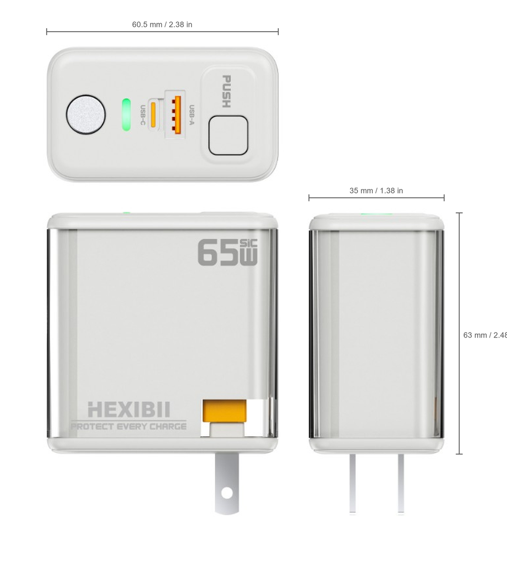 HEXIBII E11 65W SiC Fast Charger, Wall Charger with Auto Power-Off Safety, Dual Port USB-C & USB-A Power Adapter for iPhone 15/16/17/18 Pro Plus Pro Max, MacBook Pro, Galaxy, Pixel, iPad,and more