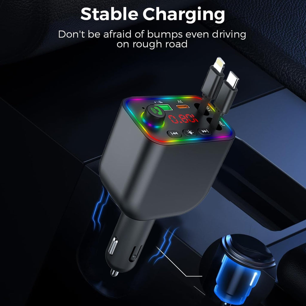 Retractable Car Charger, Wireless Bluetooth 5.3 FM Transmitter 100W USB C 4 in 1 Fast Car Charger Adapter,iPhone 16 Fast Charging-for iPhone 16 15 14 13 12 Android