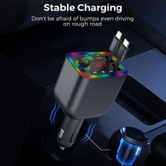 Retractable Car Charger, Wireless Bluetooth 5.3 FM Transmitter 100W USB C 4 in 1 Fast Car Charger Adapter,iPhone 16 Fast Charging-for iPhone 16 15 14 13 12 Android