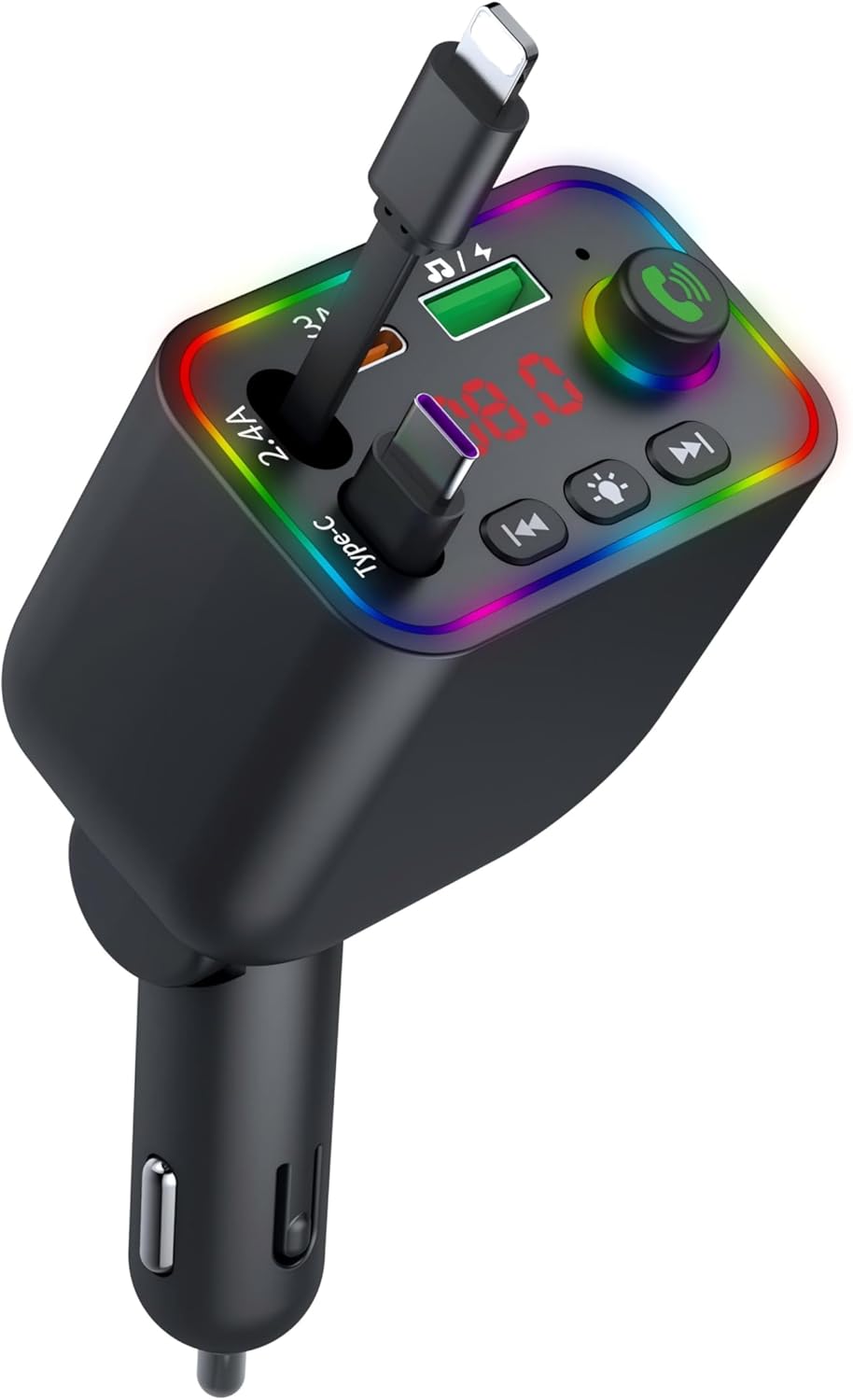 Retractable Car Charger, Wireless Bluetooth 5.3 FM Transmitter 100W USB C 4 in 1 Fast Car Charger Adapter,iPhone 16 Fast Charging-for iPhone 16 15 14 13 12 Android