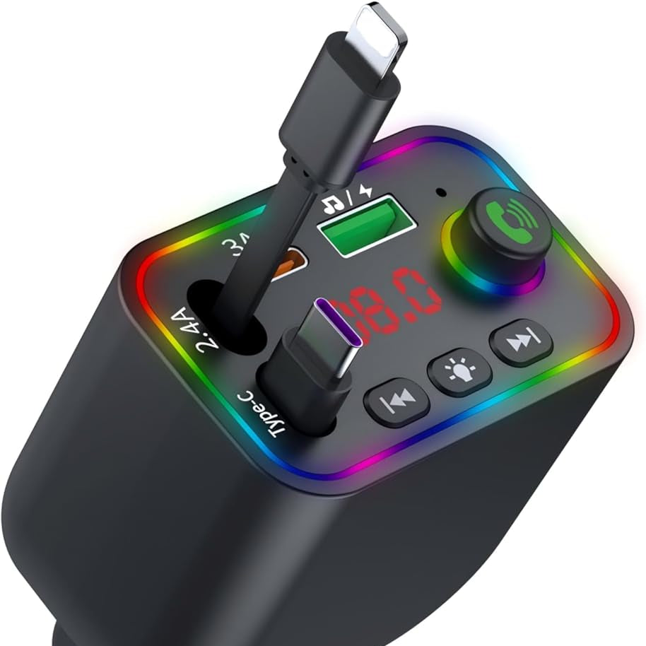 Retractable Car Charger, Wireless Bluetooth 5.3 FM Transmitter 100W USB C 4 in 1 Fast Car Charger Adapter,iPhone 16 Fast Charging-for iPhone 16 15 14 13 12 Android