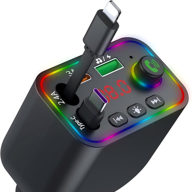 Retractable Car Charger, Wireless Bluetooth 5.3 FM Transmitter 100W USB C 4 in 1 Fast Car Charger Adapter,iPhone 16 Fast Charging-for iPhone 16 15 14 13 12 Android Hover Image