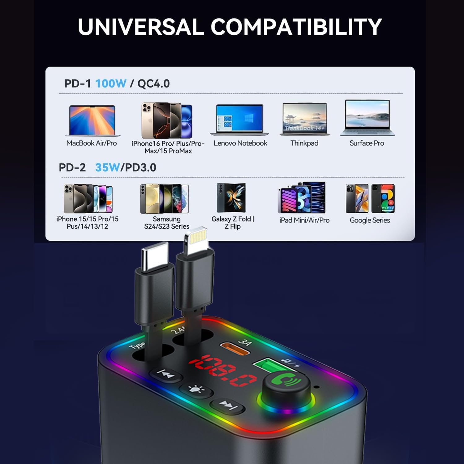 Retractable Car Charger, Wireless Bluetooth 5.3 FM Transmitter 100W USB C 4 in 1 Fast Car Charger Adapter,iPhone 16 Fast Charging-for iPhone 16 15 14 13 12 Android