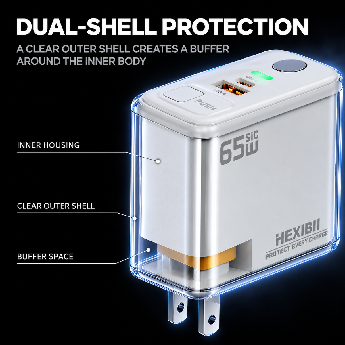 HEXIBII E11 65W SiC Fast Charger, Wall Charger with Auto Power-Off Safety, Dual Port USB-C & USB-A Power Adapter for iPhone 15/16/17/18 Pro Plus Pro Max, MacBook Pro, Galaxy, Pixel, iPad,and more