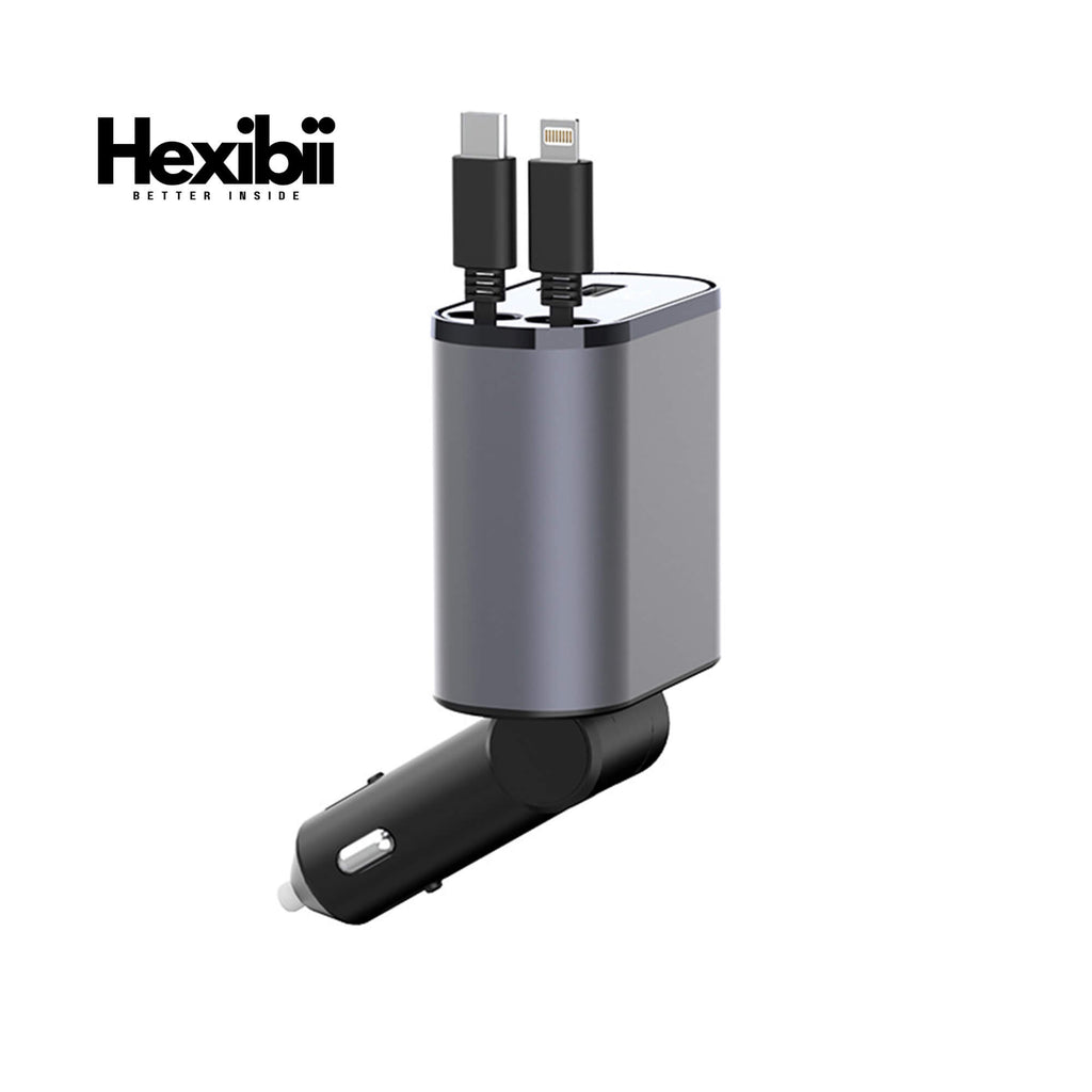 Hexibii 4 in 1 Fast Car Phone Charger, Retractable Car Charger, 60W, Retractable Cables (2.6Ft) and 2 USB Ports Car Charger Adapter, Compatible with iPhone 15/15 Pro Max/14 Pro Max/13/12/11,Galaxy S23/22,Pixel