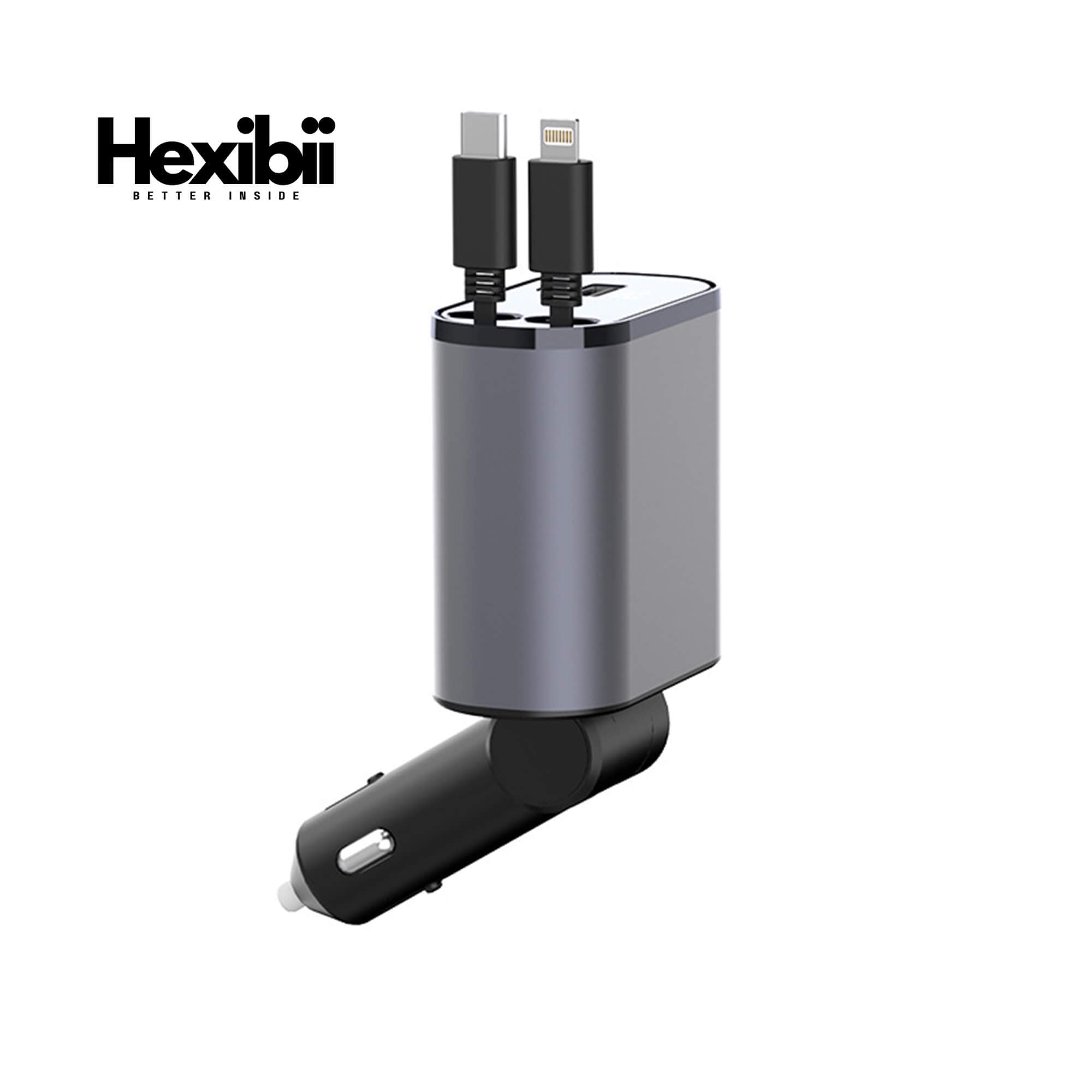 Hexibii 4 in 1 Fast Car Phone Charger, Retractable Car Charger, 60W, Retractable Cables (2.6Ft) and 2 USB Ports Car Charger Adapter, Compatible with iPhone 15/15 Pro Max/14 Pro Max/13/12/11,Galaxy S23/22,Pixel