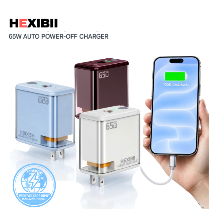 HEXIBII E11 65W SiC Fast Charger, Wall Charger with Auto Power-Off Safety, Dual Port USB-C & USB-A Power Adapter for iPhone 15/16/17/18 Pro Plus Pro Max, MacBook Pro, Galaxy, Pixel, iPad,and more