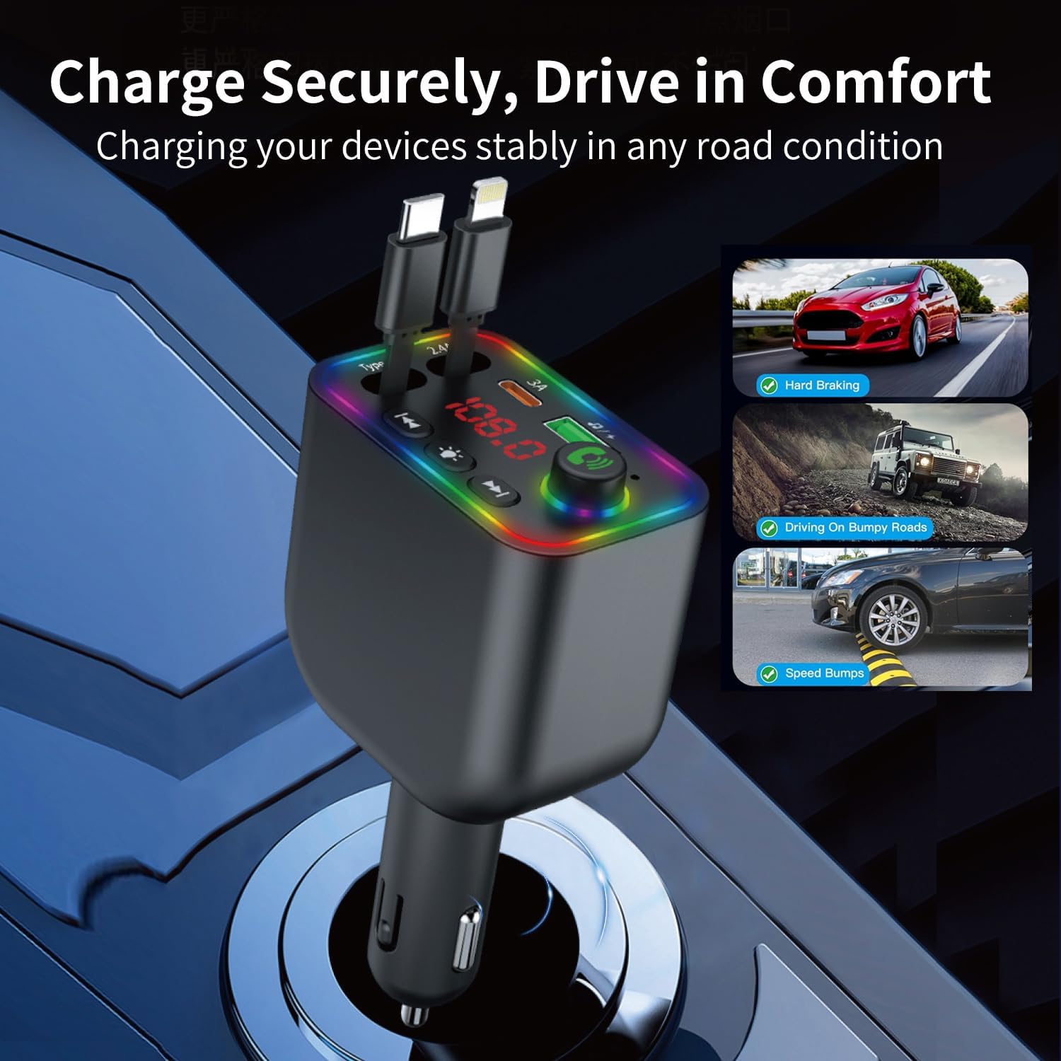 Retractable Car Charger, Wireless Bluetooth 5.3 FM Transmitter 100W USB C 4 in 1 Fast Car Charger Adapter,iPhone 16 Fast Charging-for iPhone 16 15 14 13 12 Android