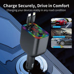 Retractable Car Charger, Wireless Bluetooth 5.3 FM Transmitter 100W USB C 4 in 1 Fast Car Charger Adapter,iPhone 16 Fast Charging-for iPhone 16 15 14 13 12 Android