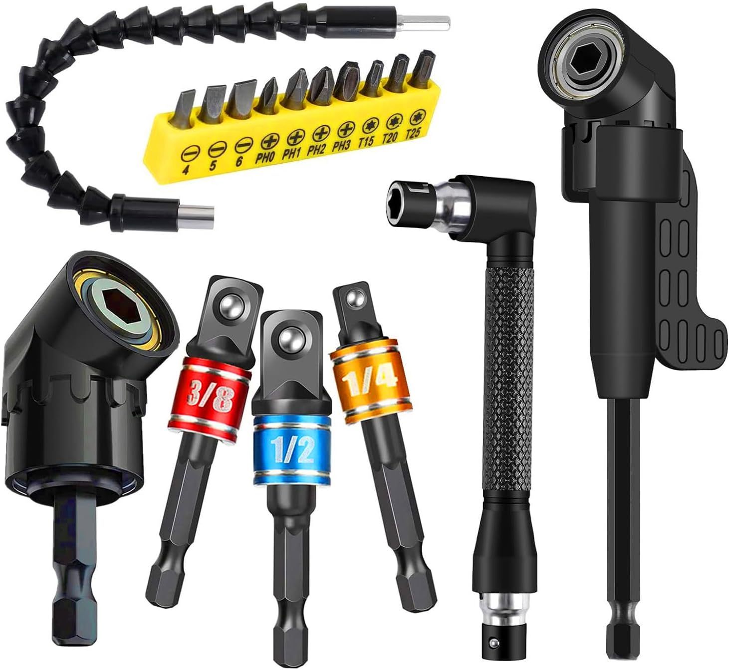 17Pcs Flexible Drill Bit Extension, Include 3Pcs Rotatable Socket Adapter 2Pcs Hex Shank 105° Right Angle Drill Attachment 10 Short Screwdriver Bits 90° Angled Bits and Bendable Extension