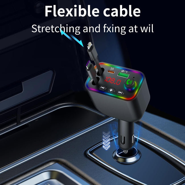 Retractable Car Charger, Wireless Bluetooth 5.3 FM Transmitter 100W USB C 4 in 1 Fast Car Charger Adapter,iPhone 16 Fast Charging-for iPhone 16 15 14 13 12 Android Main Image