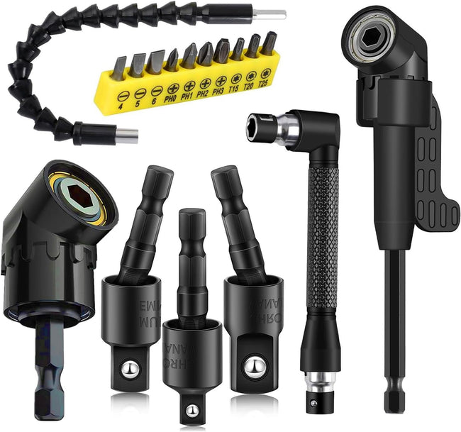 17Pcs Flexible Drill Bit Extension, Include 3Pcs Rotatable Socket Adapter 2Pcs Hex Shank 105° Right Angle Drill Attachment 10 Short Screwdriver Bits 90° Angled Bits and Bendable Extension Hover Image