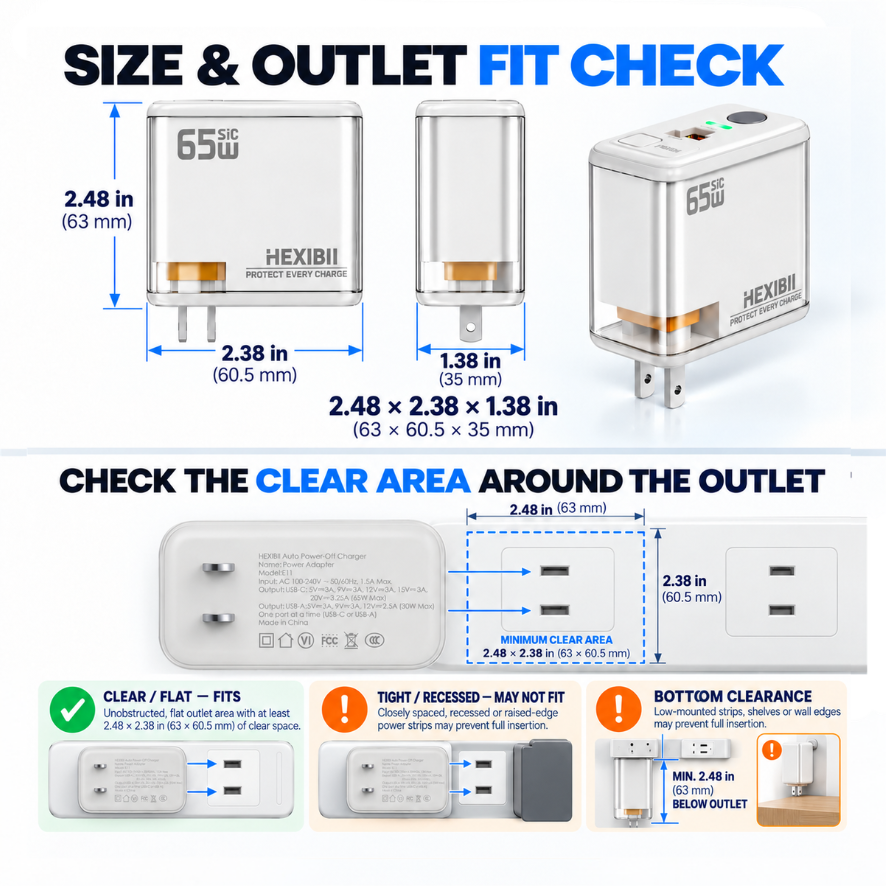 HEXIBII E11 65W SiC Fast Charger, Wall Charger with Auto Power-Off Safety, Dual Port USB-C & USB-A Power Adapter for iPhone 15/16/17/18 Pro Plus Pro Max, MacBook Pro, Galaxy, Pixel, iPad,and more