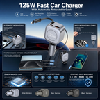 Hexibii 125W laptop Car Charger with Retractable Cable, 1-Port with 65w PD/PPS, 2-Port Fast Charger with 30W PD USB-C, USB-A, Cigarette Lighter Adapter for laptop,iPhone 17/16/15, Galaxy S25/S24, iPad, GPS, 12V Car Accessories