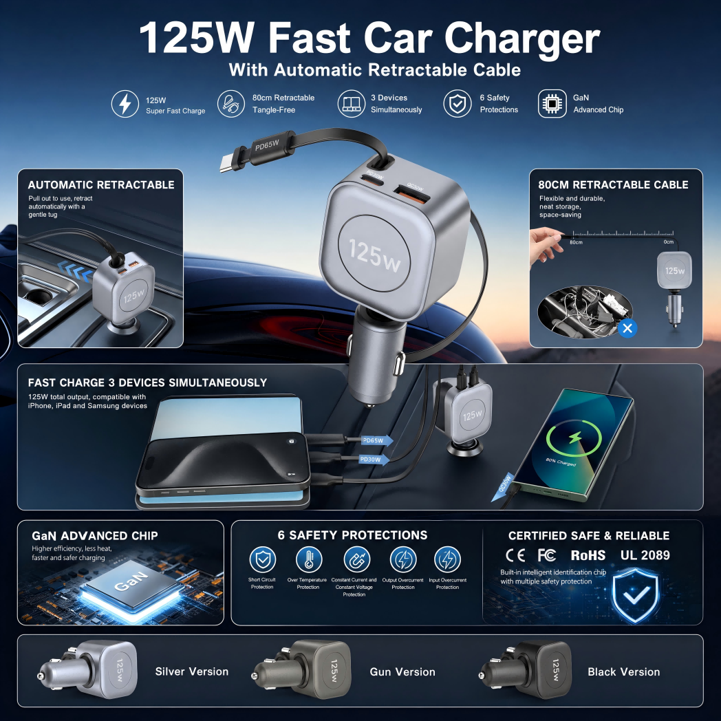 Hexibii 125W laptop Car Charger with Retractable Cable, 1-Port with 65w PD/PPS, 2-Port Fast Charger with 30W PD USB-C, USB-A, Cigarette Lighter Adapter for laptop,iPhone 17/16/15, Galaxy S25/S24, iPad, GPS, 12V Car Accessories