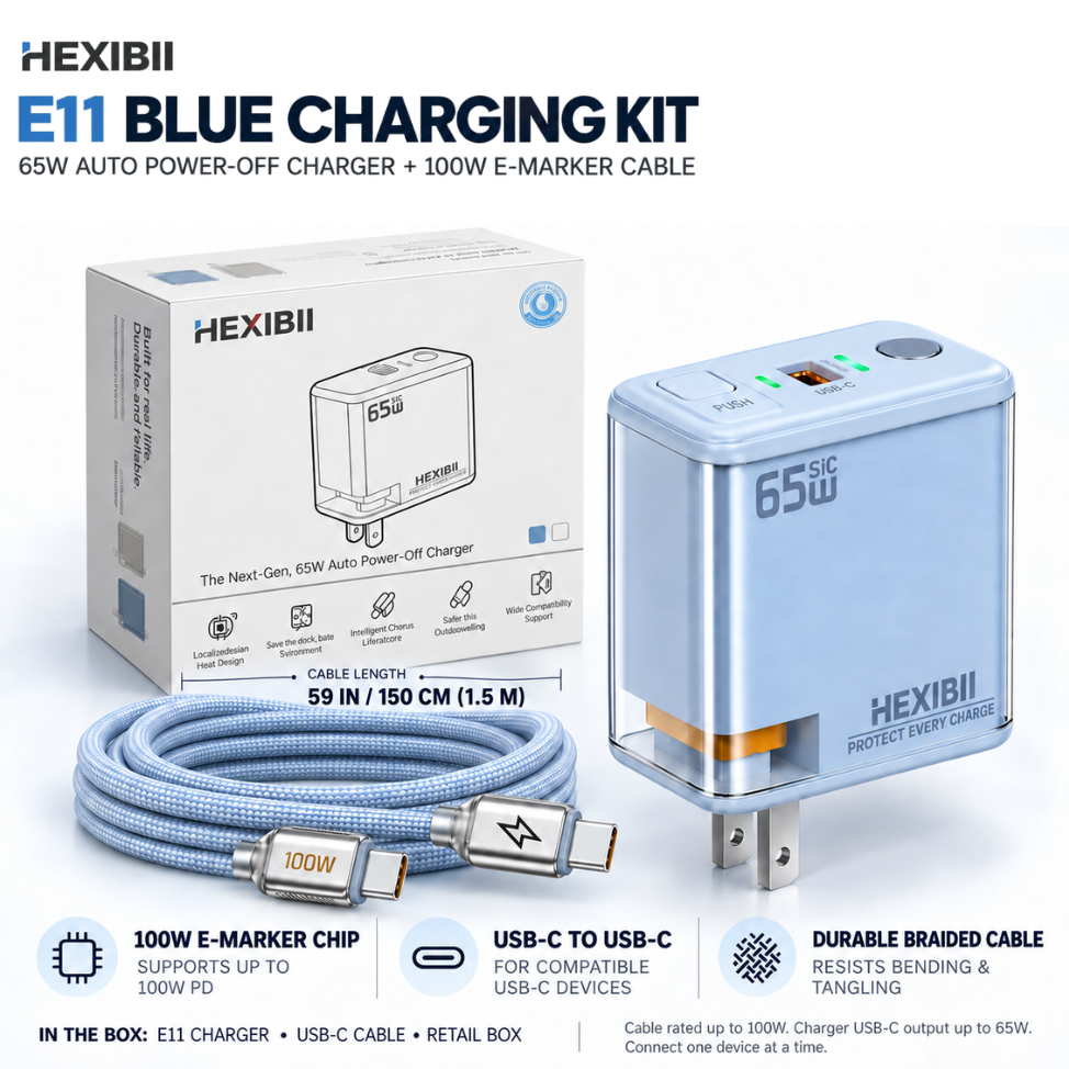 HEXIBII E11 65W SiC Fast Charger, Wall Charger with Auto Power-Off Safety, Dual Port USB-C & USB-A Power Adapter for iPhone 15/16/17/18 Pro Plus Pro Max, MacBook Pro, Galaxy, Pixel, iPad,and more