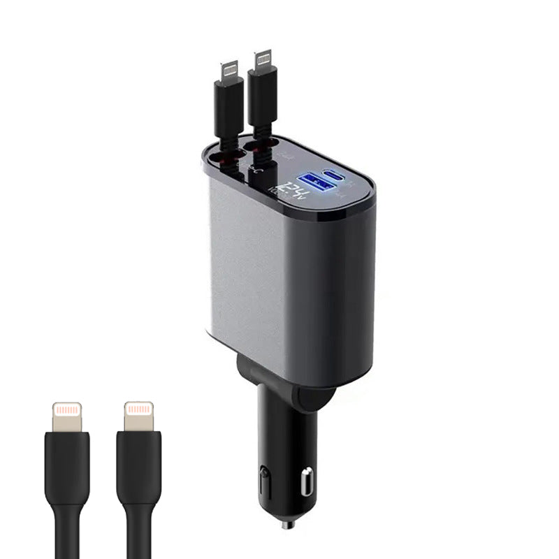 Hexibii 4 in 1 Fast Car Phone Charger, Retractable Car Charger, 60W, Retractable Cables (2.6Ft) and 2 USB Ports Car Charger Adapter, Compatible with iPhone 15/15 Pro Max/14 Pro Max/13/12/11,Galaxy S23/22,Pixel