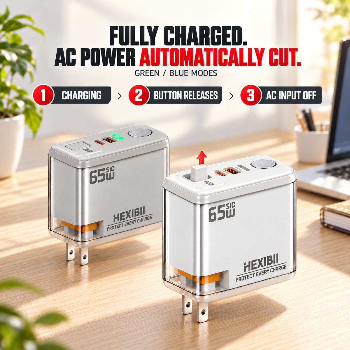 HEXIBII E11 65W SiC Fast Charger, Wall Charger with Auto Power-Off Safety, Dual Port USB-C & USB-A Power Adapter for iPhone 15/16/17/18 Pro Plus Pro Max, MacBook Pro, Galaxy, Pixel, iPad,and more