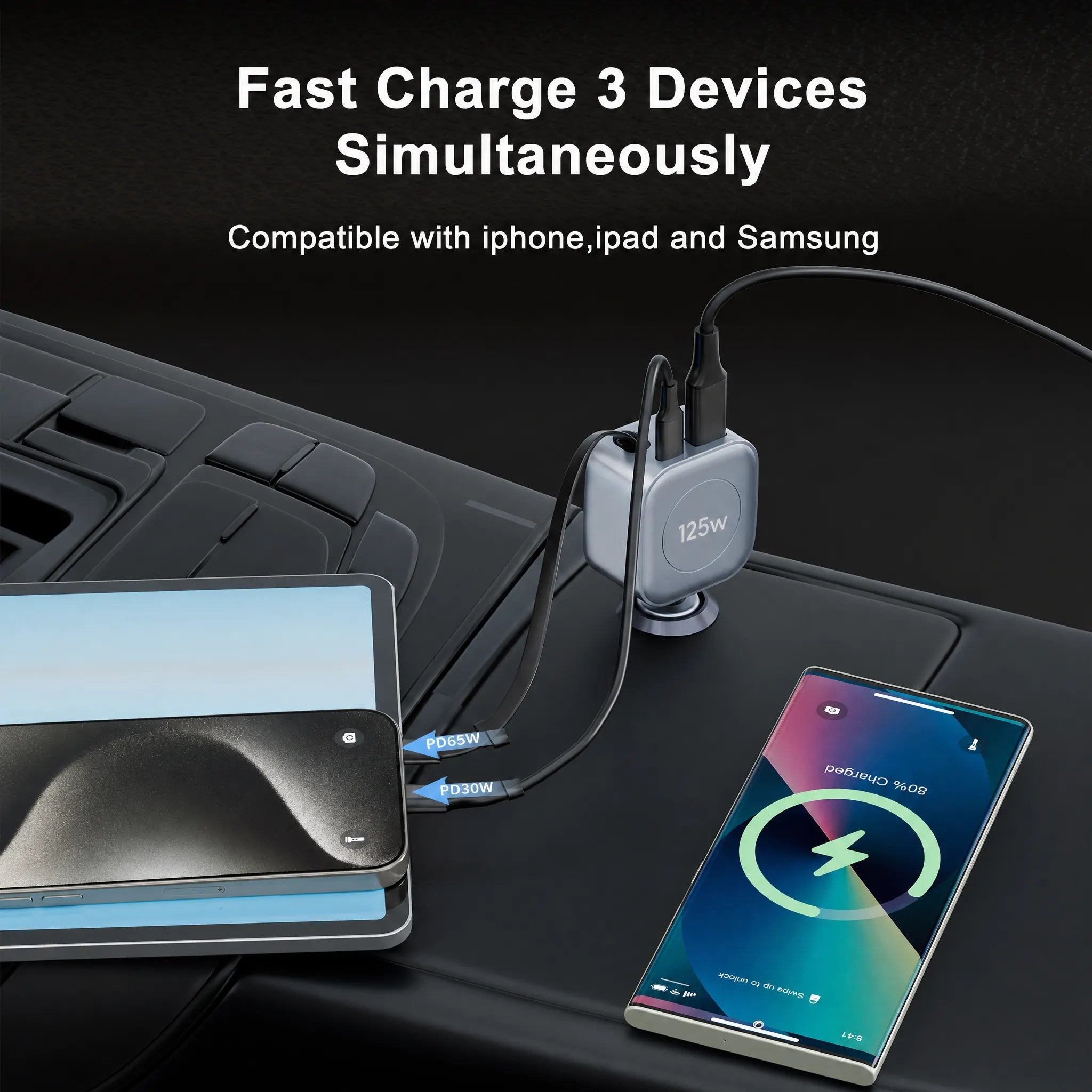Hexibii 125W laptop Car Charger with Retractable Cable, 1-Port with 65w PD/PPS, 2-Port Fast Charger with 30W PD USB-C, USB-A, Cigarette Lighter Adapter for laptop,iPhone 17/16/15, Galaxy S25/S24, iPad, GPS, 12V Car Accessories