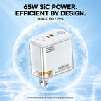 HEXIBII E11 65W SiC Fast Charger, Wall Charger with Auto Power-Off Safety, Dual Port USB-C & USB-A Power Adapter for iPhone 15/16/17/18 Pro Plus Pro Max, MacBook Pro, Galaxy, Pixel, iPad,and more