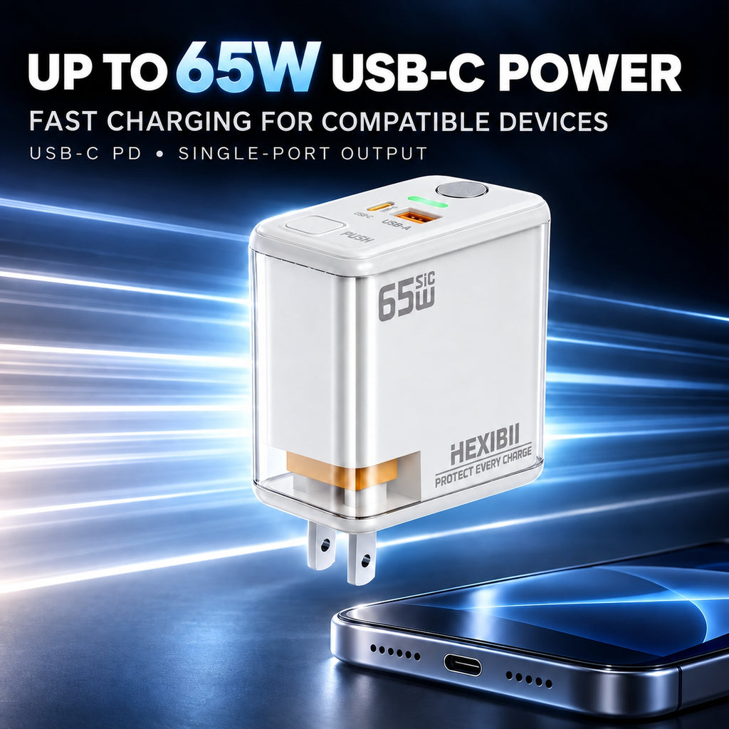 HEXIBII E11 65W SiC Fast Charger, Wall Charger with Auto Power-Off Safety, Dual Port USB-C & USB-A Power Adapter for iPhone 15/16/17/18 Pro Plus Pro Max, MacBook Pro, Galaxy, Pixel, iPad,and more