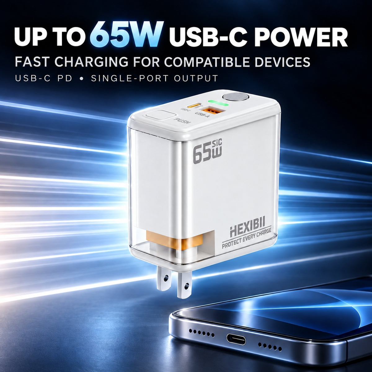 HEXIBII E11 65W SiC Fast Charger, Wall Charger with Auto Power-Off Safety, Dual Port USB-C & USB-A Power Adapter for iPhone 15/16/17/18 Pro Plus Pro Max, MacBook Pro, Galaxy, Pixel, iPad,and more
