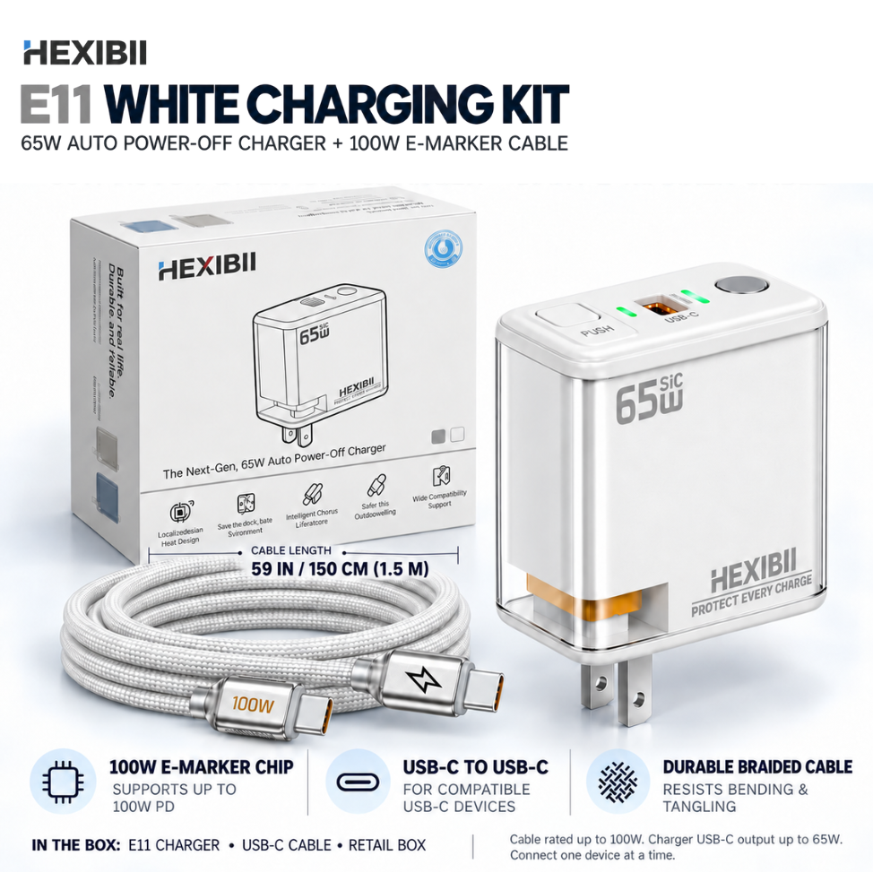 HEXIBII E11 65W SiC Fast Charger, Wall Charger with Auto Power-Off Safety, Dual Port USB-C & USB-A Power Adapter for iPhone 15/16/17/18 Pro Plus Pro Max, MacBook Pro, Galaxy, Pixel, iPad,and more