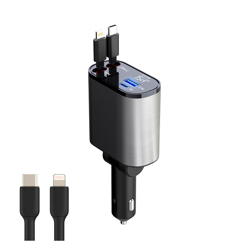 Hexibii 4 in 1 Fast Car Phone Charger, Retractable Car Charger, 60W, Retractable Cables (2.6Ft) and 2 USB Ports Car Charger Adapter, Compatible with iPhone 15/15 Pro Max/14 Pro Max/13/12/11,Galaxy S23/22,Pixel