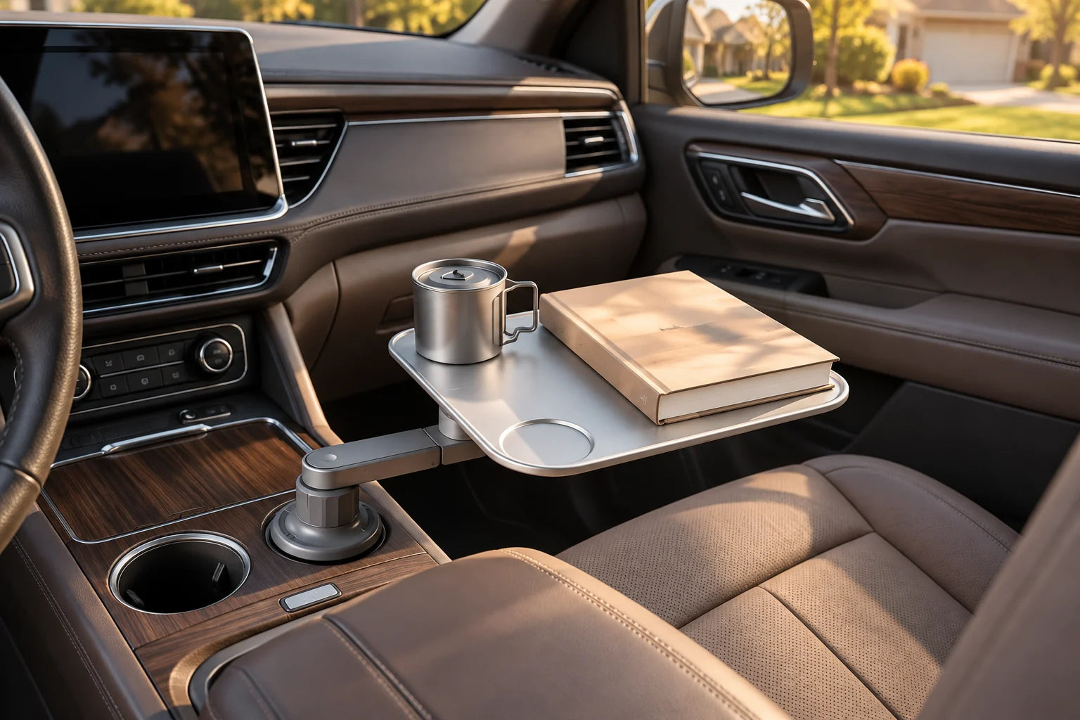 Car cup holder tray with a book and mug inside a parked American SUV