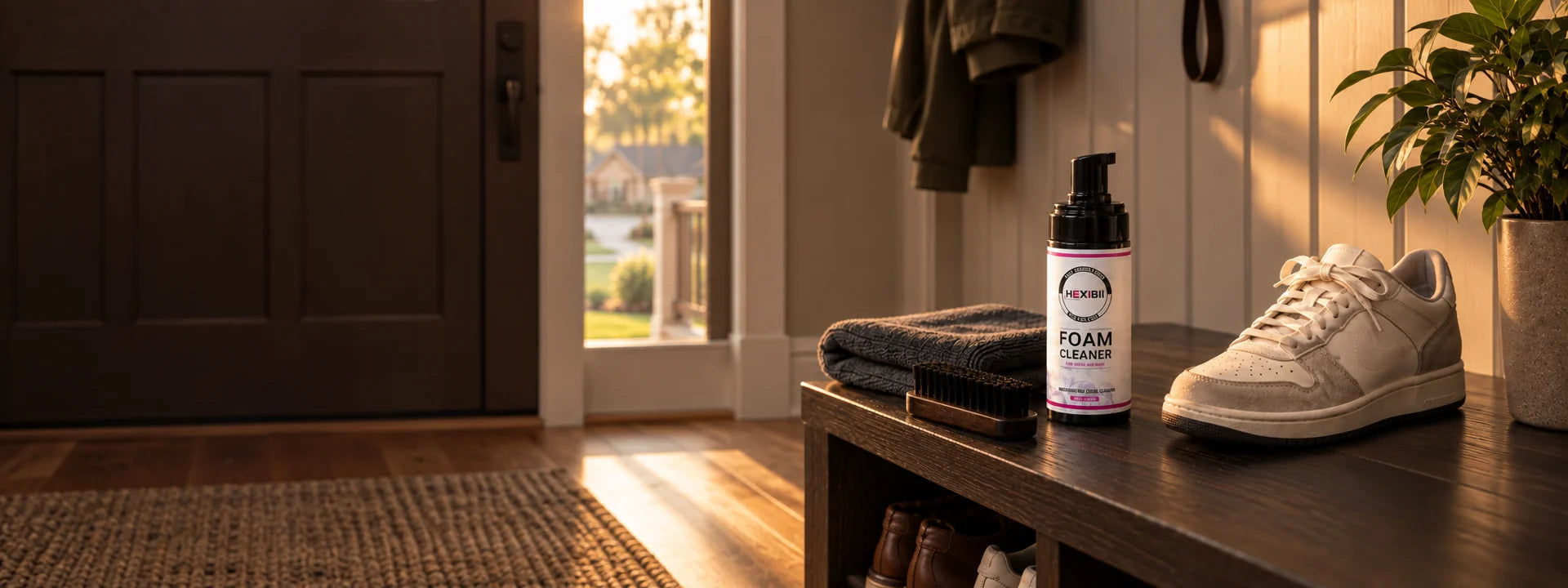 Foam cleaner and shoe-care essentials in an American suburban home entryway