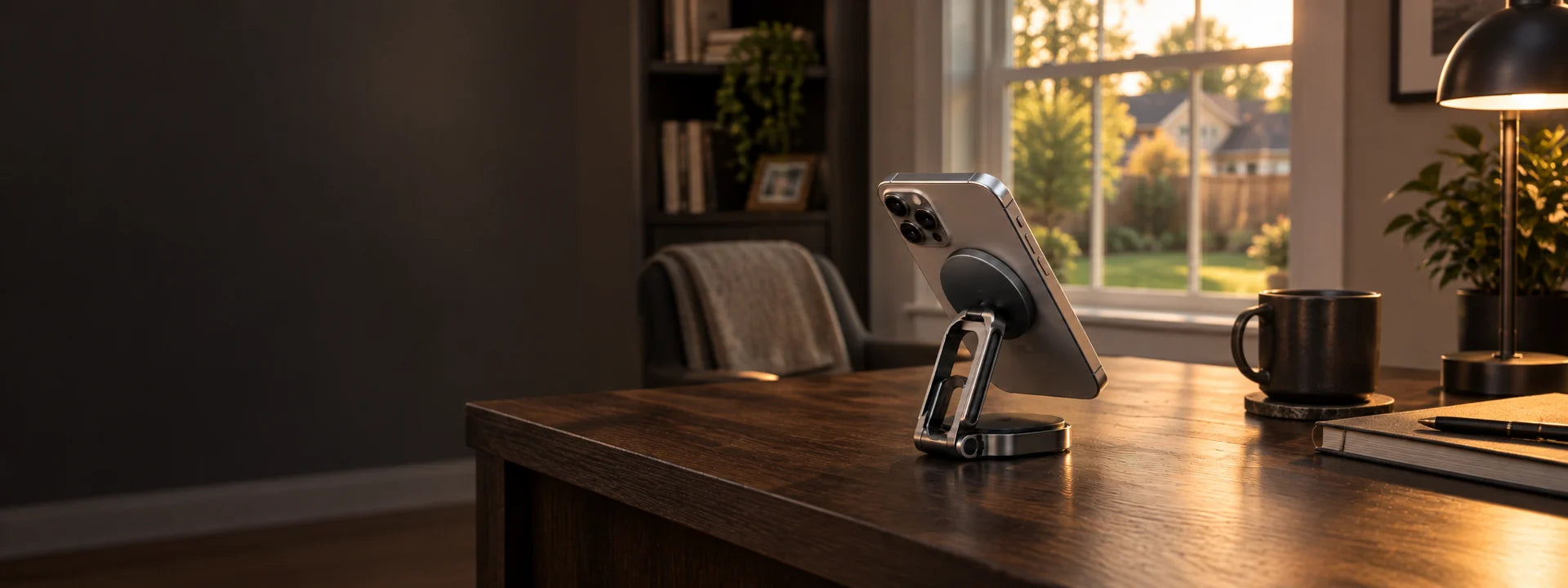 Foldable magnetic phone stand in an American home office overlooking a backyard